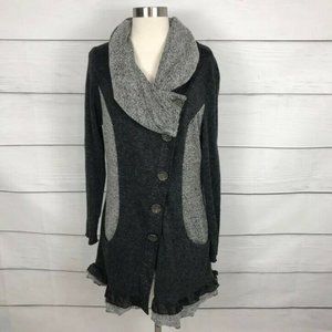 The Pyramid Collection Collared Ruffle Knit Jacket M Asymmetrical Duster Gray